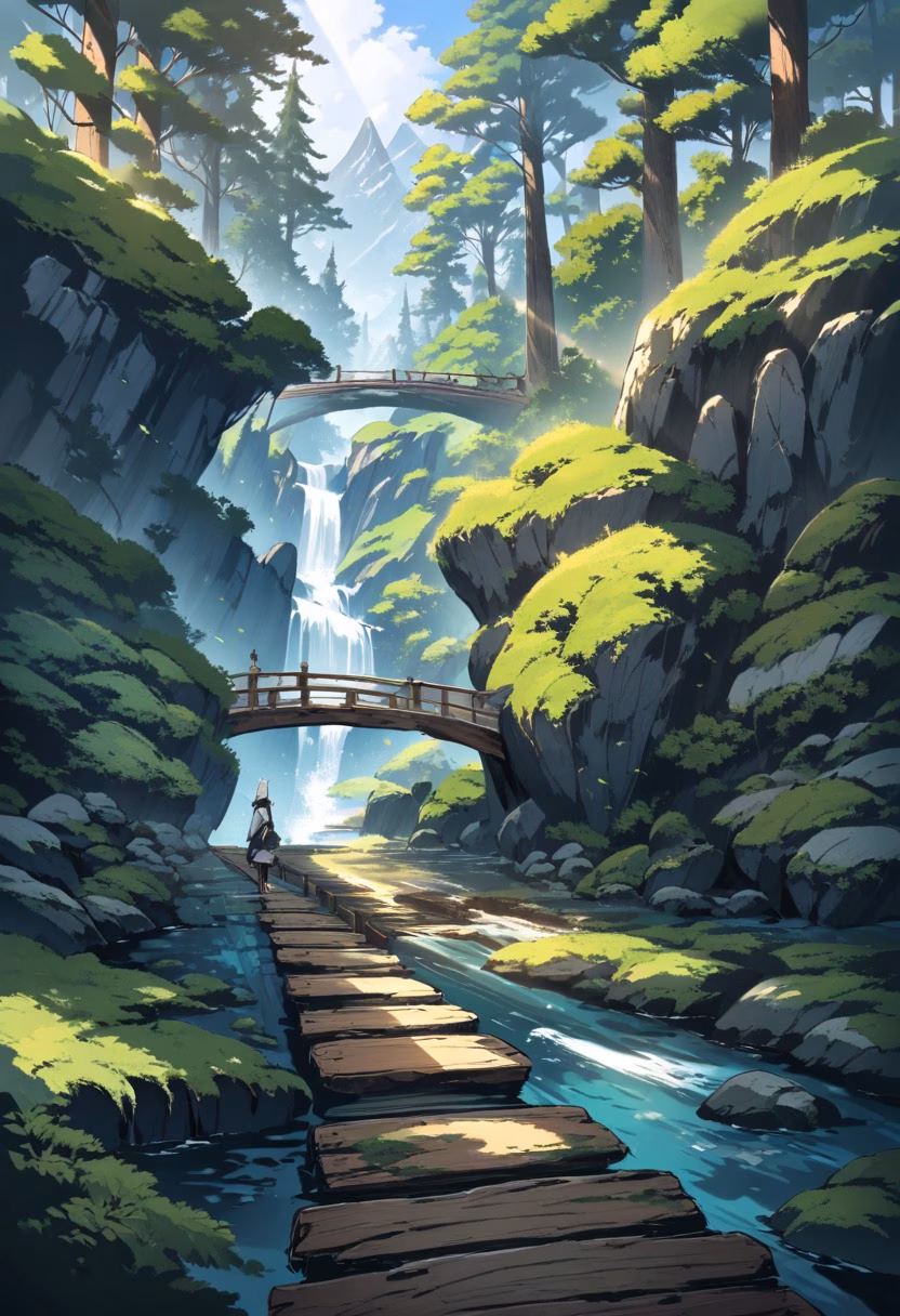 Pine Forest Footbridge — view 3 — rustic wooden bridge crossing a mountain stream, pine forest, moss-covered rocks, sunlight beams, peaceful hiking destin