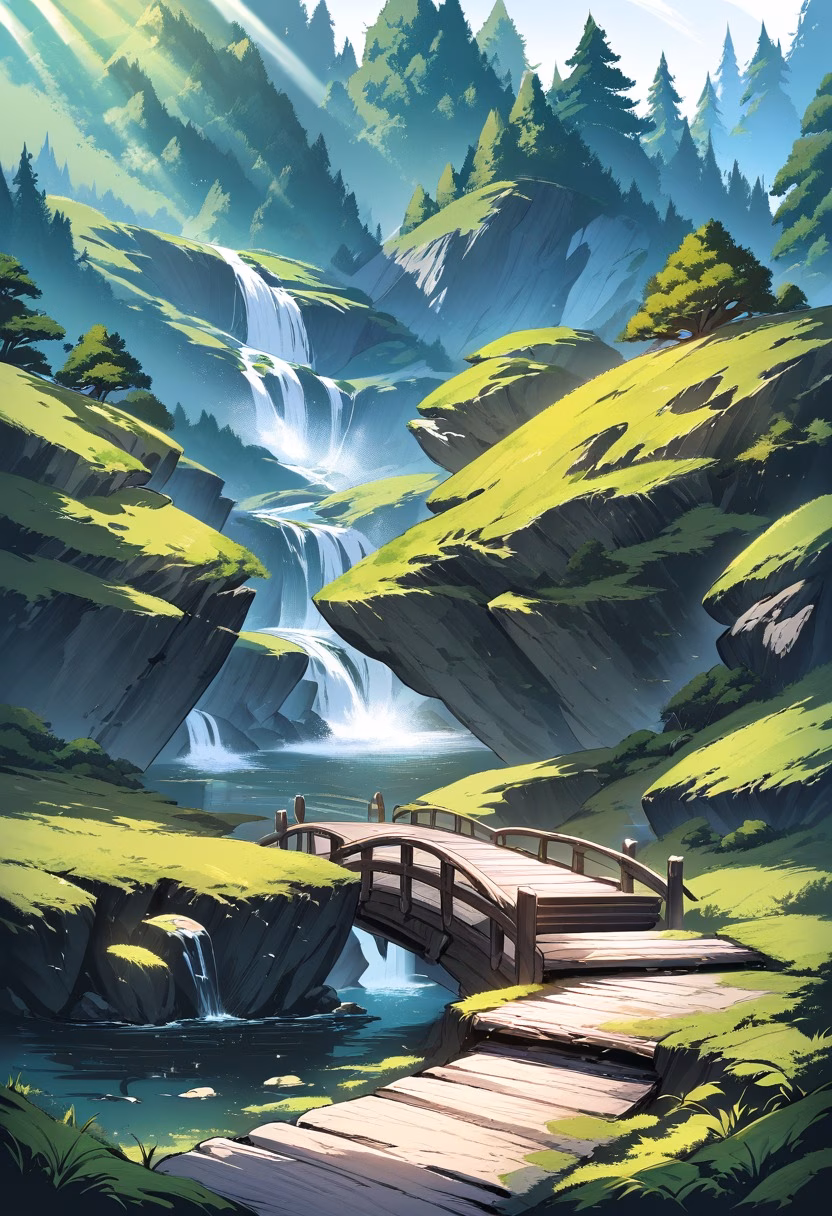 Pine Forest Footbridge — view 4 — rustic wooden bridge crossing a mountain stream, pine forest, moss-covered rocks, sunlight beams, peaceful hiking destin