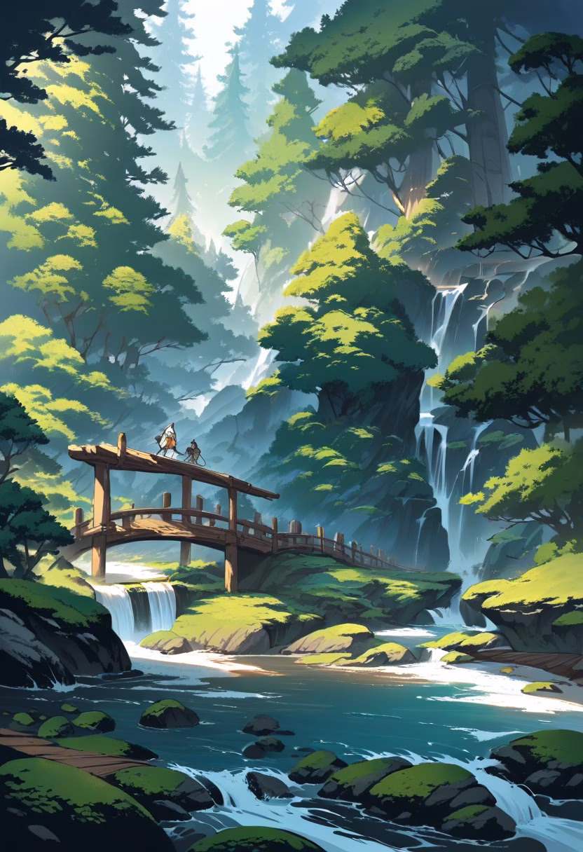 Pine Forest Footbridge — view 5 — rustic wooden bridge crossing a mountain stream, pine forest, moss-covered rocks, sunlight beams, peaceful hiking destin