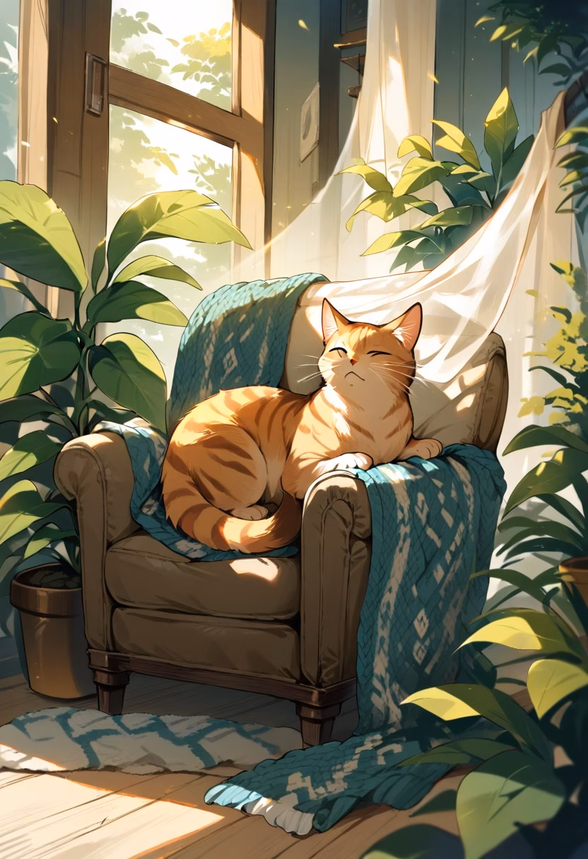 Ginger Cat by the Window — view 1 — beautiful ginger cat sitting on cozy armchair, sunlight through curtains, knitted blanket, houseplants, peaceful home in