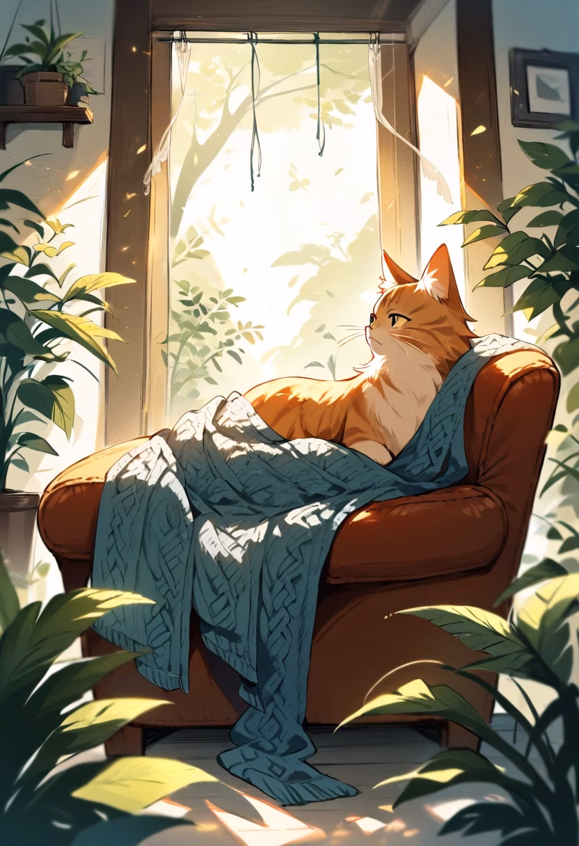 Ginger Cat by the Window — view 2 — beautiful ginger cat sitting on cozy armchair, sunlight through curtains, knitted blanket, houseplants, peaceful home in