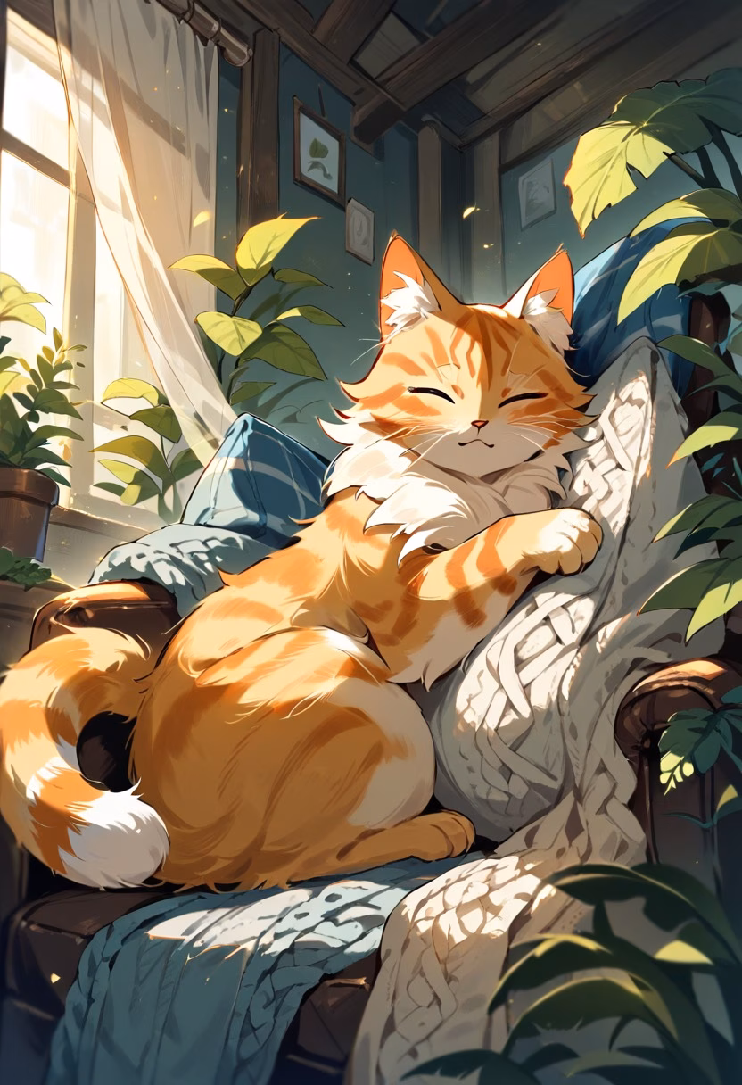 Ginger Cat by the Window — view 3 — beautiful ginger cat sitting on cozy armchair, sunlight through curtains, knitted blanket, houseplants, peaceful home in