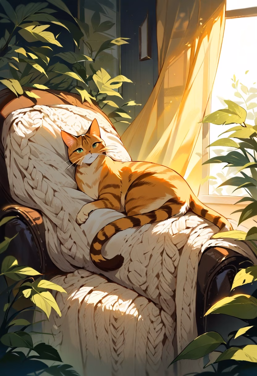 Ginger Cat by the Window — view 4 — beautiful ginger cat sitting on cozy armchair, sunlight through curtains, knitted blanket, houseplants, peaceful home in