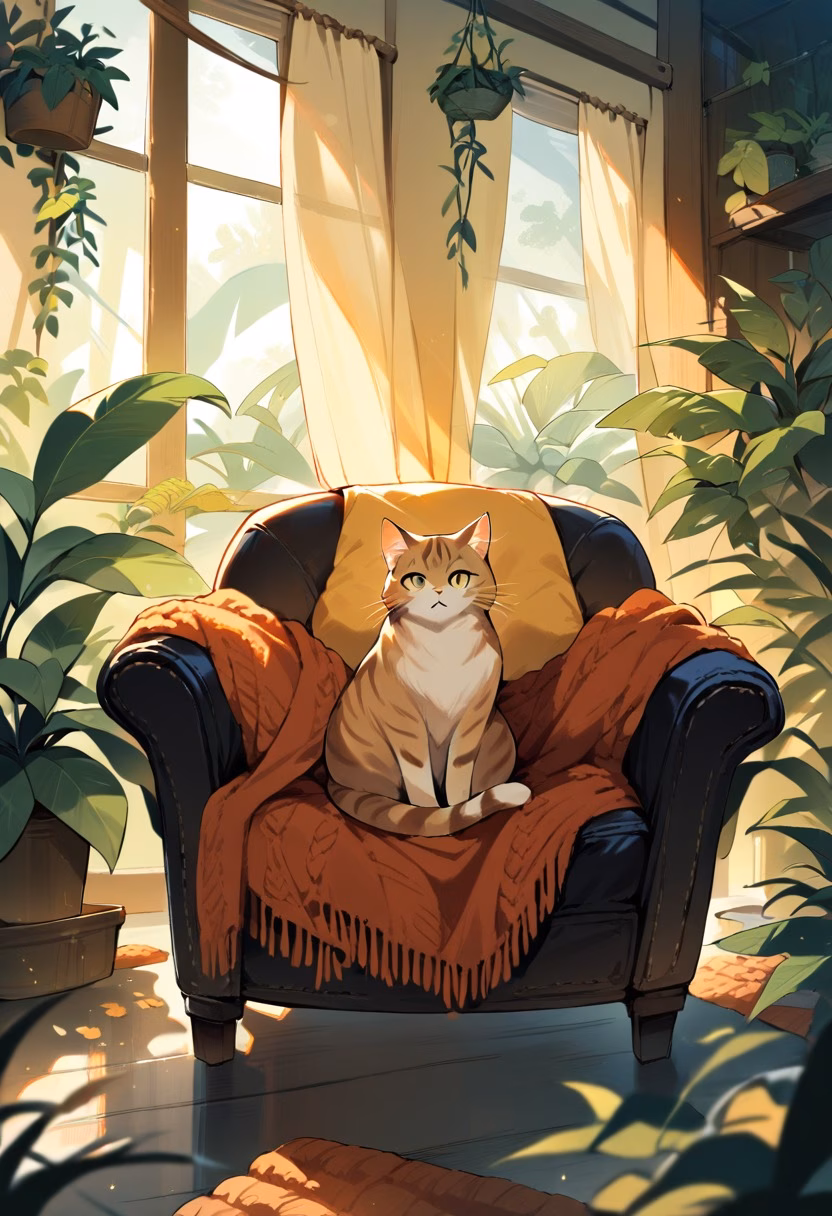 Ginger Cat by the Window — view 5 — beautiful ginger cat sitting on cozy armchair, sunlight through curtains, knitted blanket, houseplants, peaceful home in