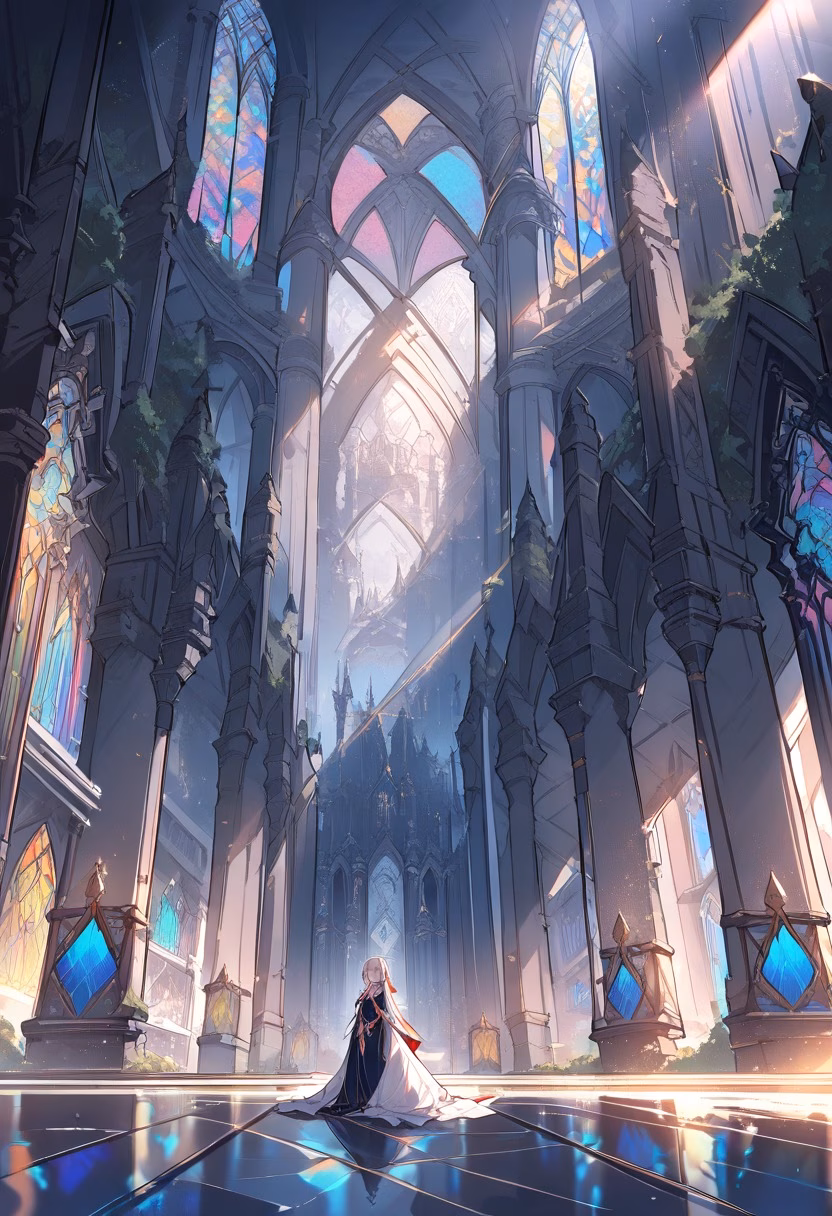Stained Glass Cathedral — view 1 — grand cathedral interior, tall arches, colorful stained glass, stone columns, sunlight rays, sacred architecture, intric