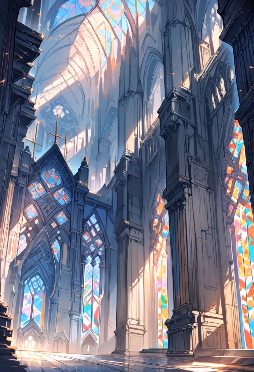 Stained Glass Cathedral — view 2 — grand cathedral interior, tall arches, colorful stained glass, stone columns, sunlight rays, sacred architecture, intric