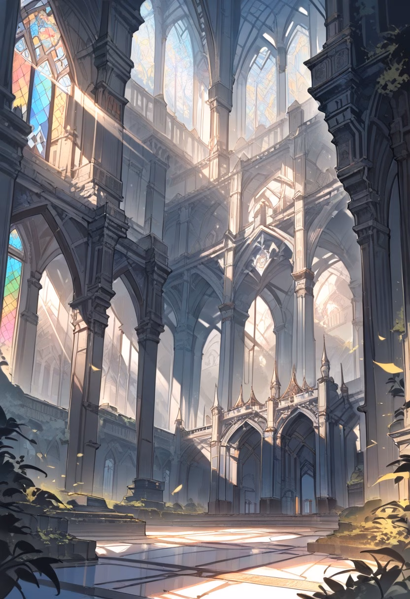 Stained Glass Cathedral — view 3 — grand cathedral interior, tall arches, colorful stained glass, stone columns, sunlight rays, sacred architecture, intric