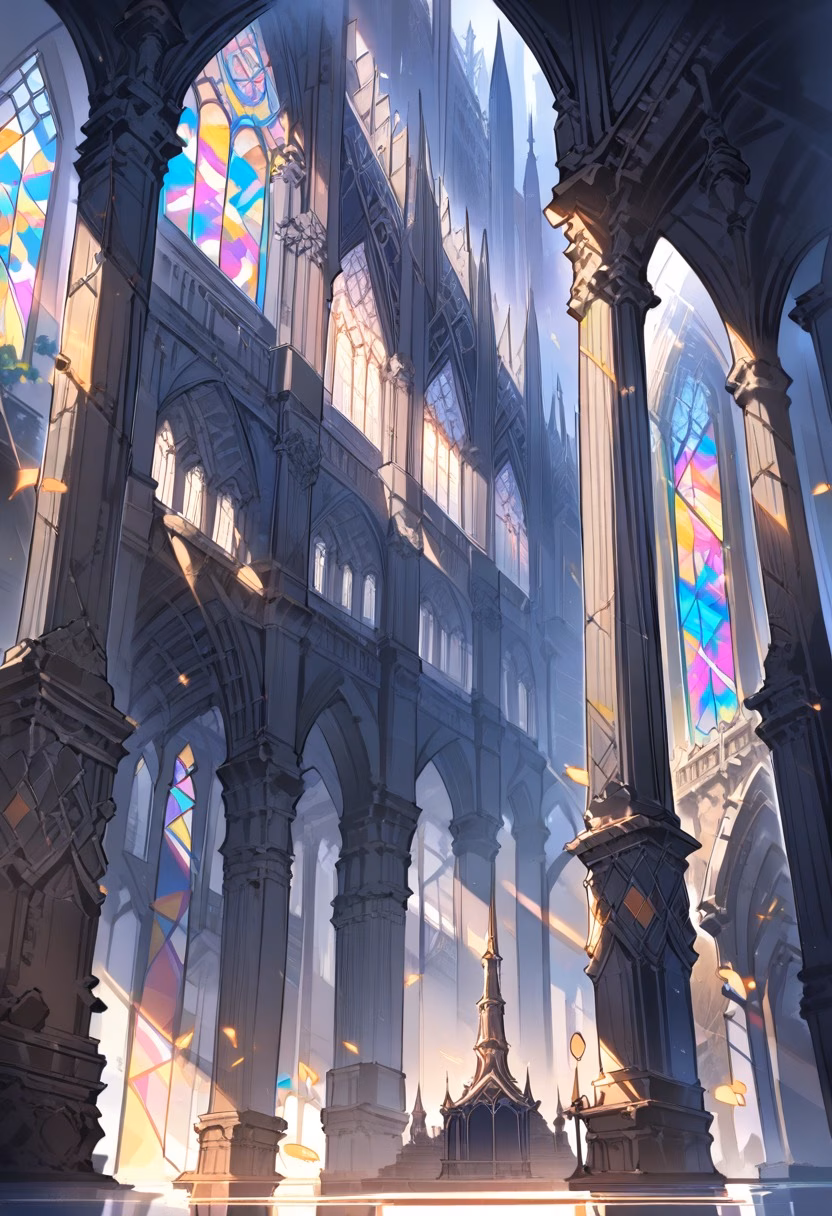 Stained Glass Cathedral — view 4 — grand cathedral interior, tall arches, colorful stained glass, stone columns, sunlight rays, sacred architecture, intric