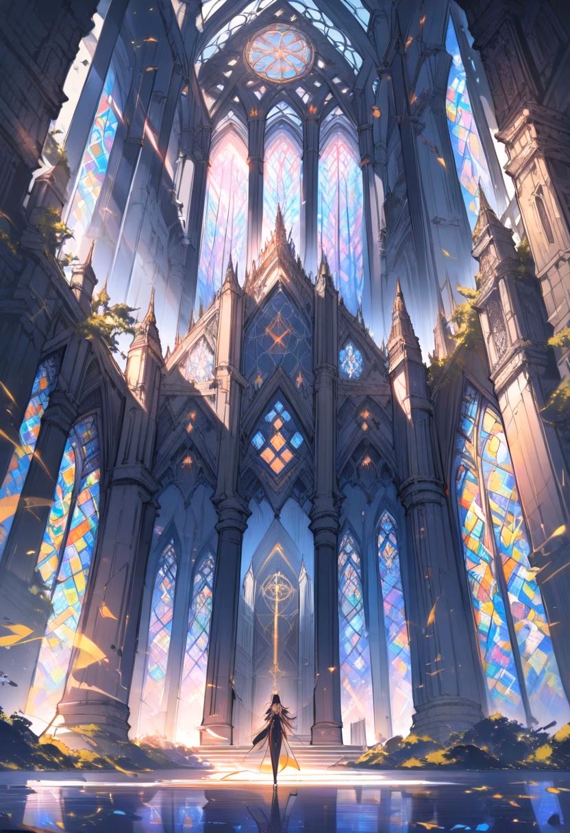 Stained Glass Cathedral — view 5 — grand cathedral interior, tall arches, colorful stained glass, stone columns, sunlight rays, sacred architecture, intric