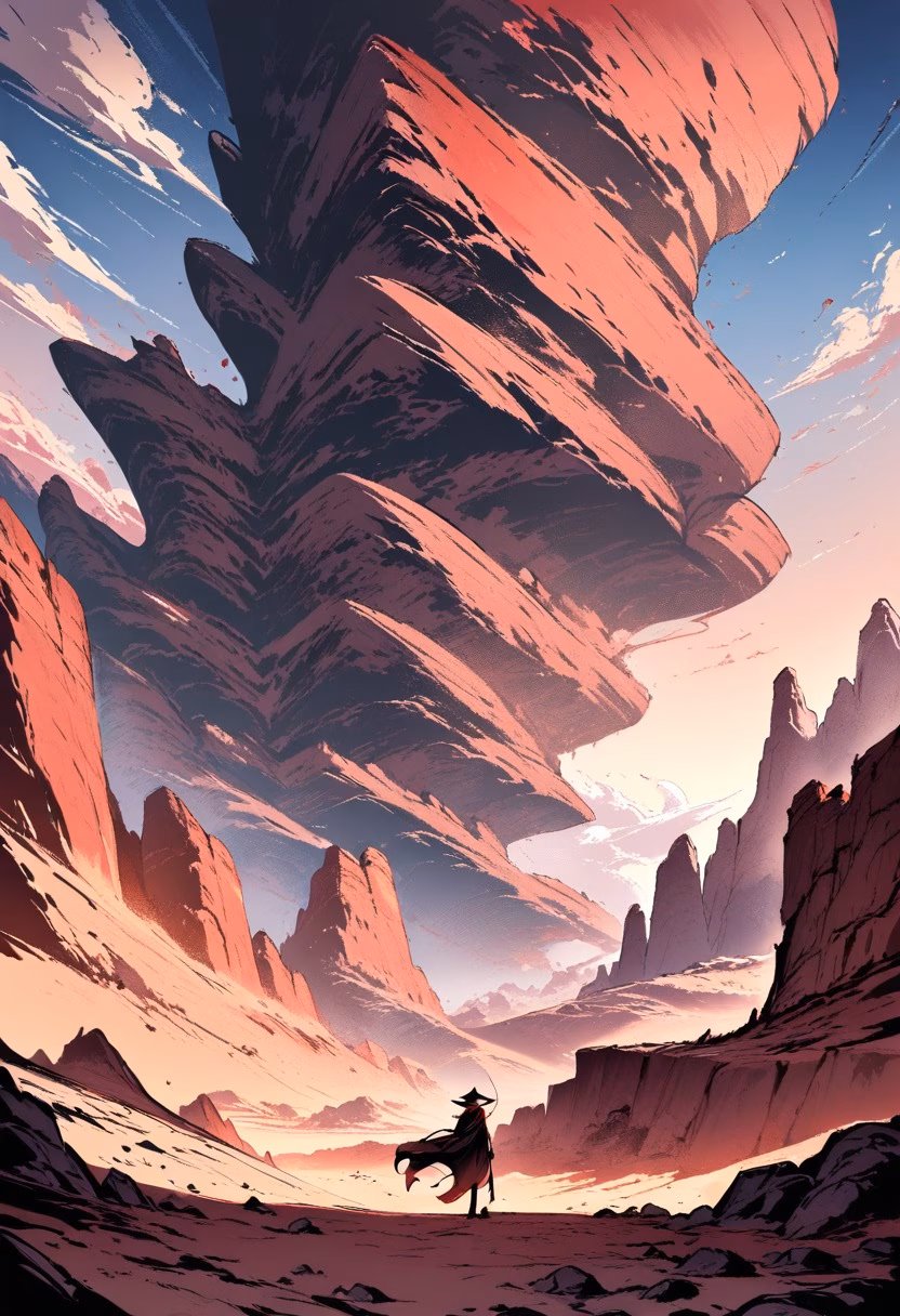 Layered Canyon Sunset — view 1 — canyon at sunset, layered red rock, winding river below, deep shadows, dramatic sky, southwest desert, landscape, detail