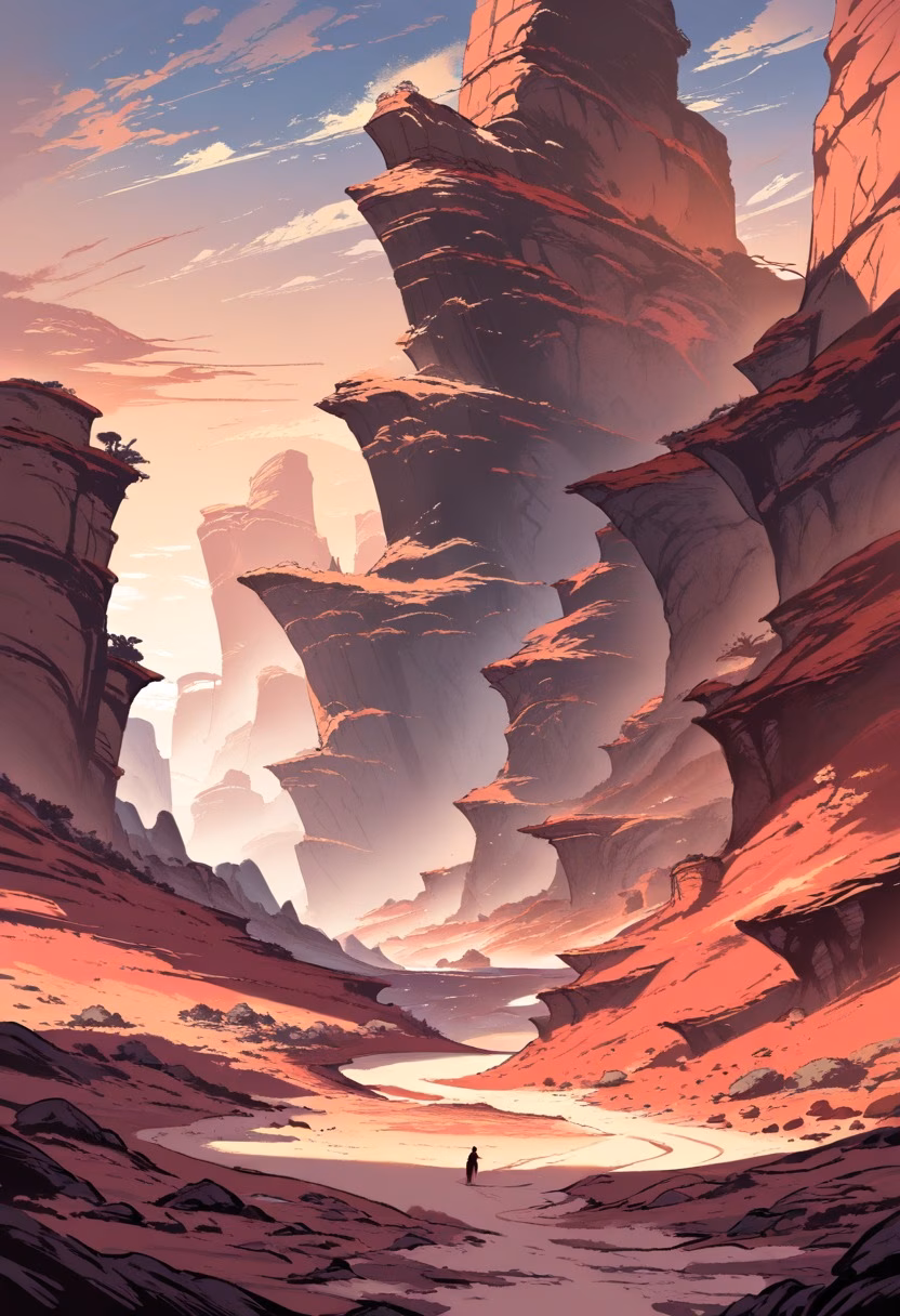 Layered Canyon Sunset — view 2 — canyon at sunset, layered red rock, winding river below, deep shadows, dramatic sky, southwest desert, landscape, detail