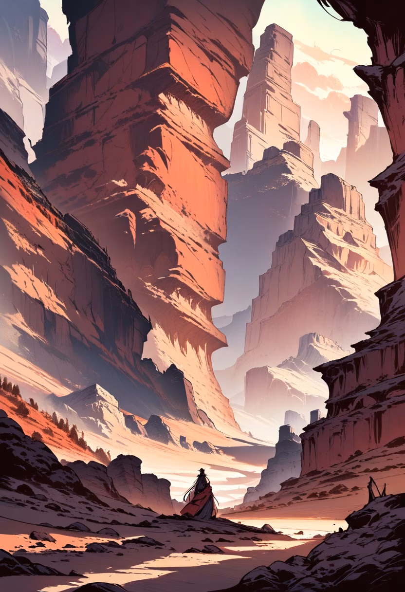 Layered Canyon Sunset — view 3 — canyon at sunset, layered red rock, winding river below, deep shadows, dramatic sky, southwest desert, landscape, detail