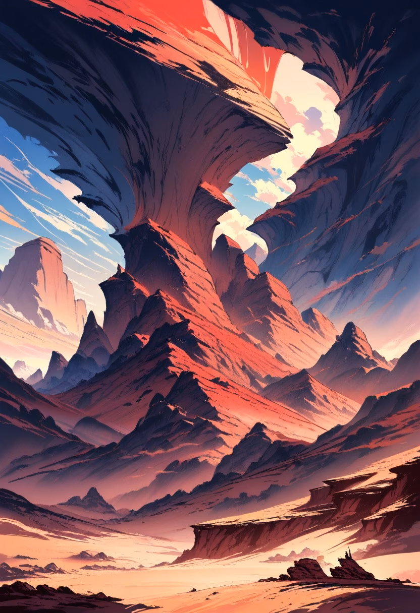 Layered Canyon Sunset — view 4 — canyon at sunset, layered red rock, winding river below, deep shadows, dramatic sky, southwest desert, landscape, detail