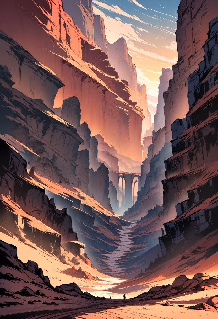 Layered Canyon Sunset — view 5 — canyon at sunset, layered red rock, winding river below, deep shadows, dramatic sky, southwest desert, landscape, detail
