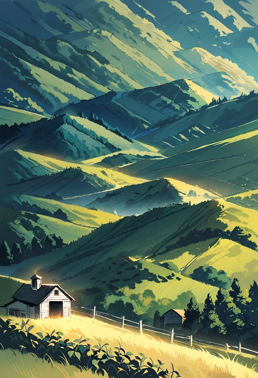 Golden Vineyard Hills — view 1 — peaceful vineyard at golden hour, rows of grapevines, rolling hills, rustic farmhouse, warm sunlight, countryside landsc