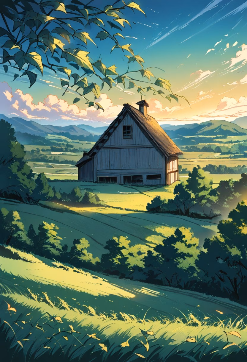 Golden Vineyard Hills — view 2 — peaceful vineyard at golden hour, rows of grapevines, rolling hills, rustic farmhouse, warm sunlight, countryside landsc