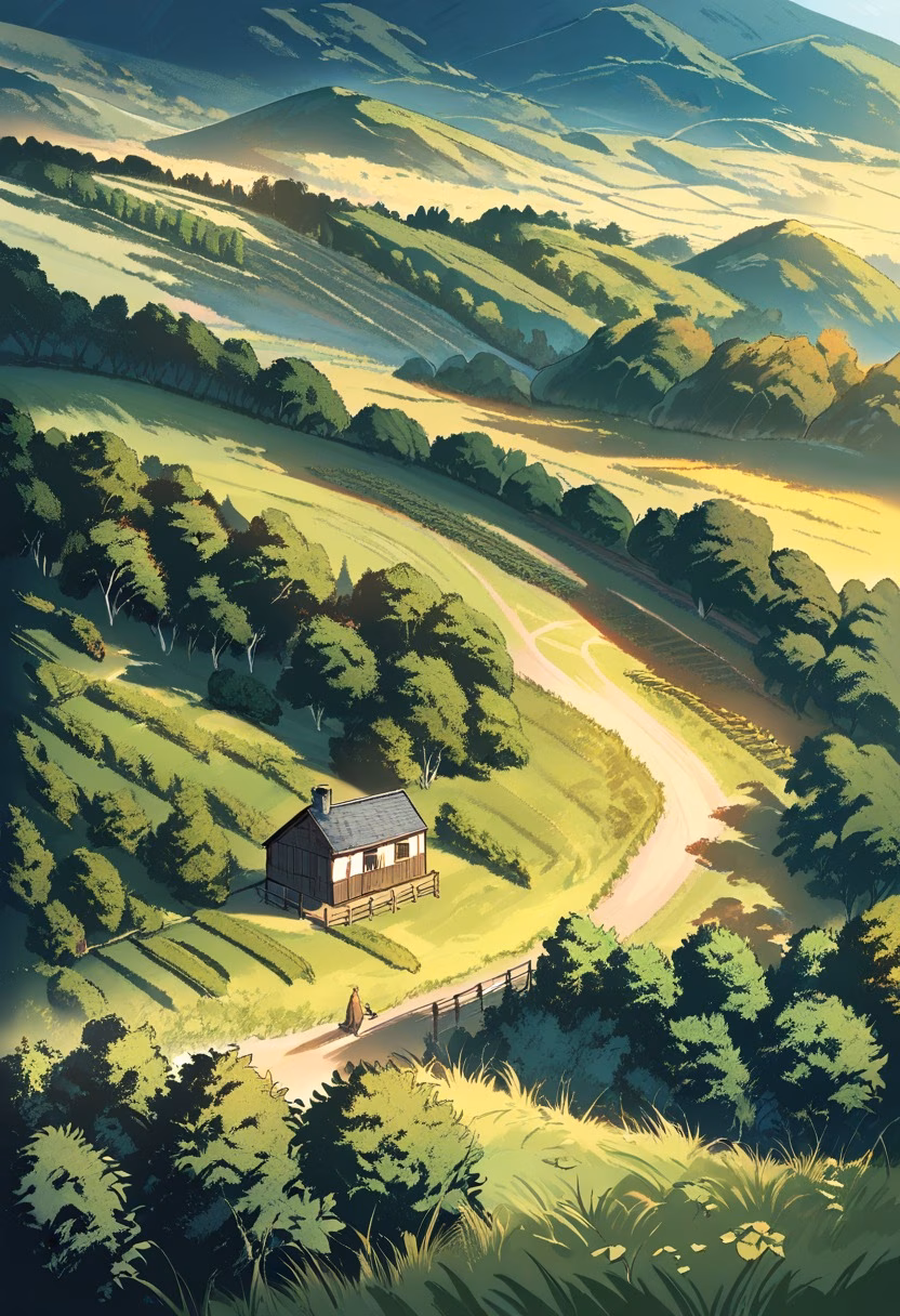 Golden Vineyard Hills — view 3 — peaceful vineyard at golden hour, rows of grapevines, rolling hills, rustic farmhouse, warm sunlight, countryside landsc