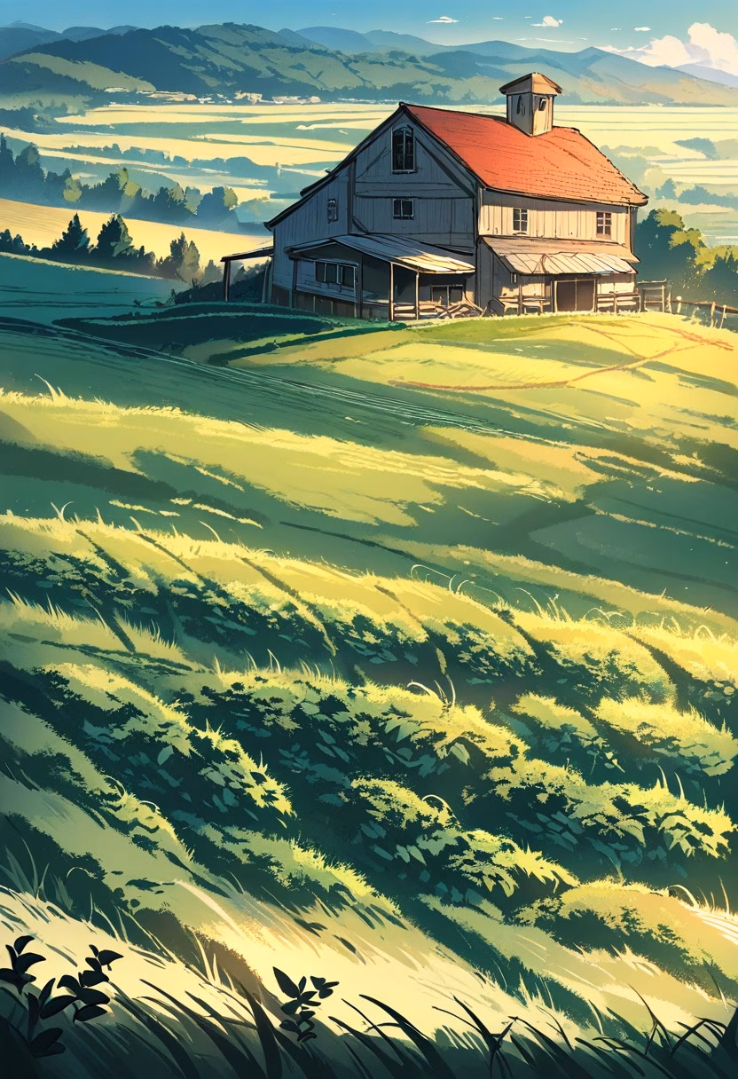 Golden Vineyard Hills — view 4 — peaceful vineyard at golden hour, rows of grapevines, rolling hills, rustic farmhouse, warm sunlight, countryside landsc
