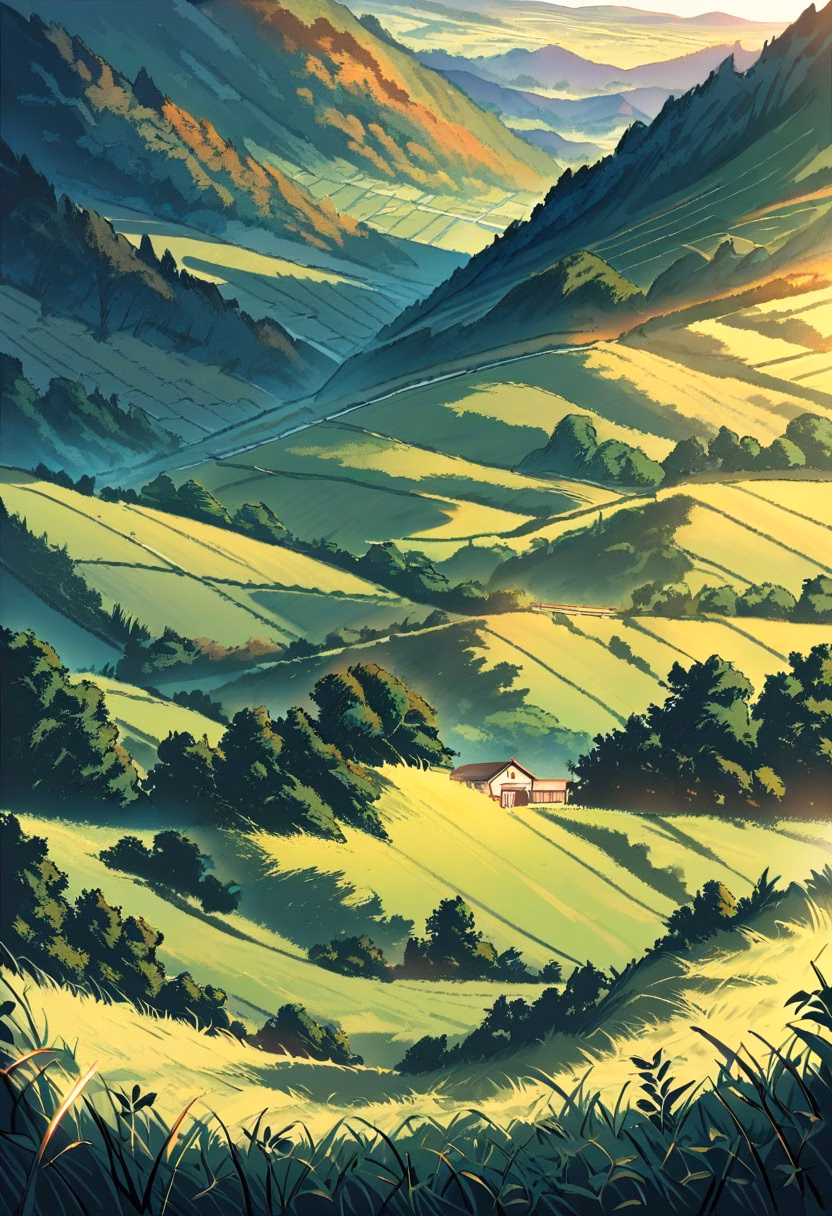 Golden Vineyard Hills — view 5 — peaceful vineyard at golden hour, rows of grapevines, rolling hills, rustic farmhouse, warm sunlight, countryside landsc