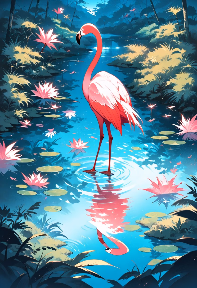 Flamingo Lagoon — view 1 — flamingo standing in shallow turquoise lagoon, pink feathers, tropical vegetation, bright sky, water reflections, elegan