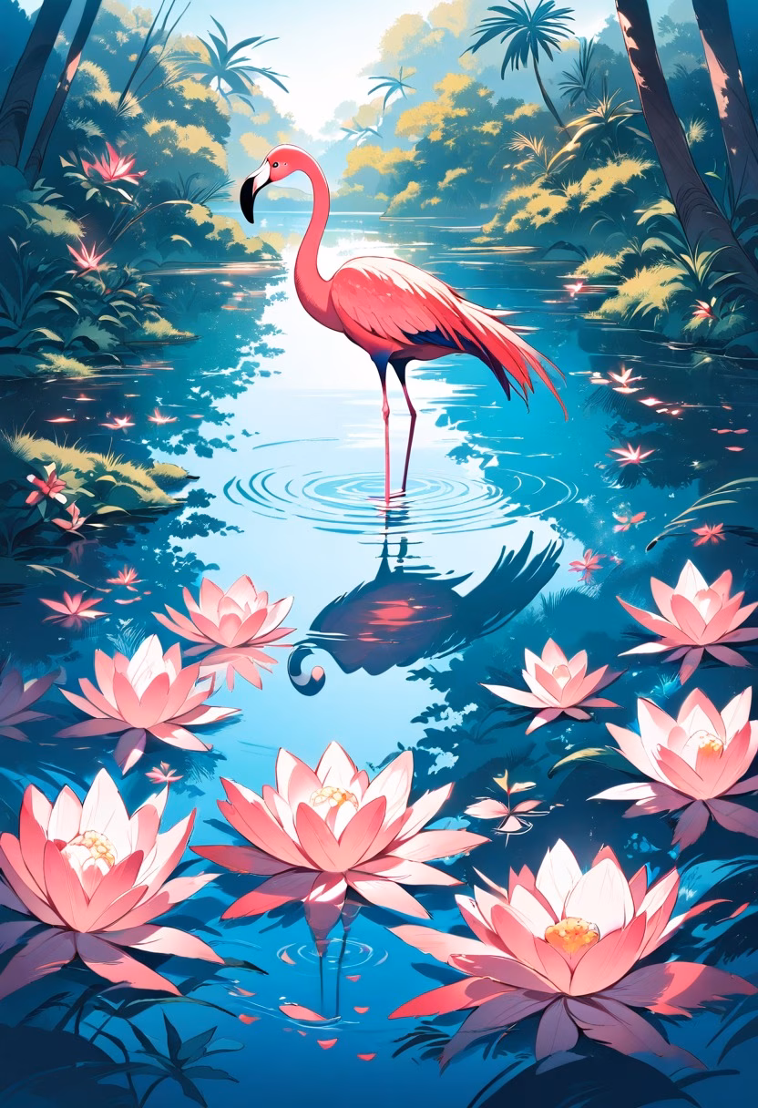 Flamingo Lagoon — view 2 — flamingo standing in shallow turquoise lagoon, pink feathers, tropical vegetation, bright sky, water reflections, elegan
