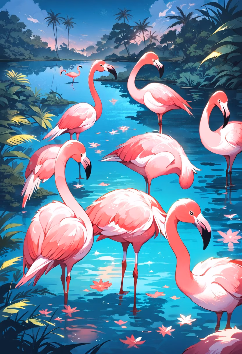 Flamingo Lagoon — view 3 — flamingo standing in shallow turquoise lagoon, pink feathers, tropical vegetation, bright sky, water reflections, elegan