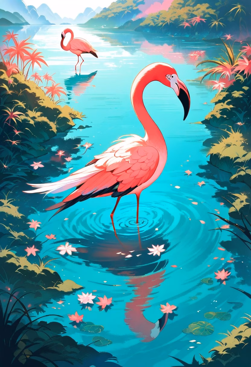 Flamingo Lagoon — view 4 — flamingo standing in shallow turquoise lagoon, pink feathers, tropical vegetation, bright sky, water reflections, elegan
