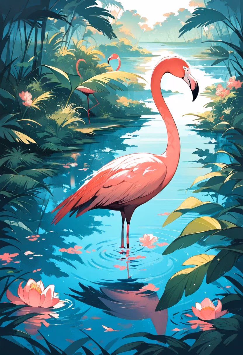Flamingo Lagoon — view 5 — flamingo standing in shallow turquoise lagoon, pink feathers, tropical vegetation, bright sky, water reflections, elegan