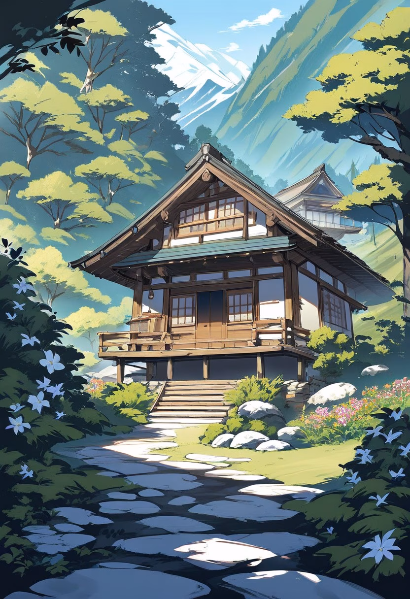 Mountain Chalet Retreat — view 1 — cozy mountain chalet, wooden balcony, flower boxes, green forest, distant peaks, clear summer sky, peaceful vacation ret