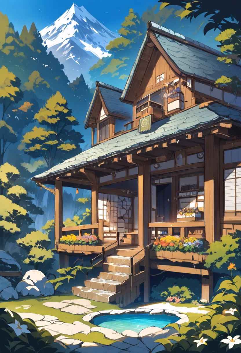 Mountain Chalet Retreat — view 2 — cozy mountain chalet, wooden balcony, flower boxes, green forest, distant peaks, clear summer sky, peaceful vacation ret
