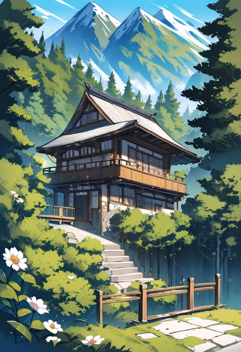 Mountain Chalet Retreat — view 3 — cozy mountain chalet, wooden balcony, flower boxes, green forest, distant peaks, clear summer sky, peaceful vacation ret