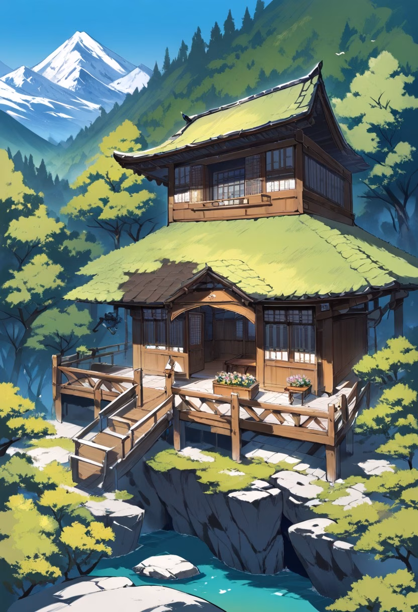 Mountain Chalet Retreat — view 4 — cozy mountain chalet, wooden balcony, flower boxes, green forest, distant peaks, clear summer sky, peaceful vacation ret