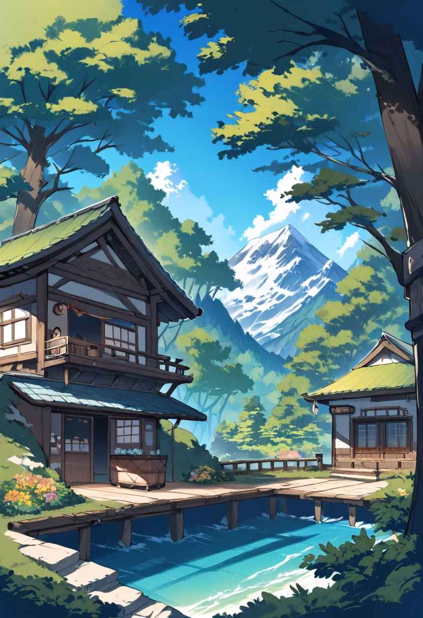 Mountain Chalet Retreat — view 5 — cozy mountain chalet, wooden balcony, flower boxes, green forest, distant peaks, clear summer sky, peaceful vacation ret