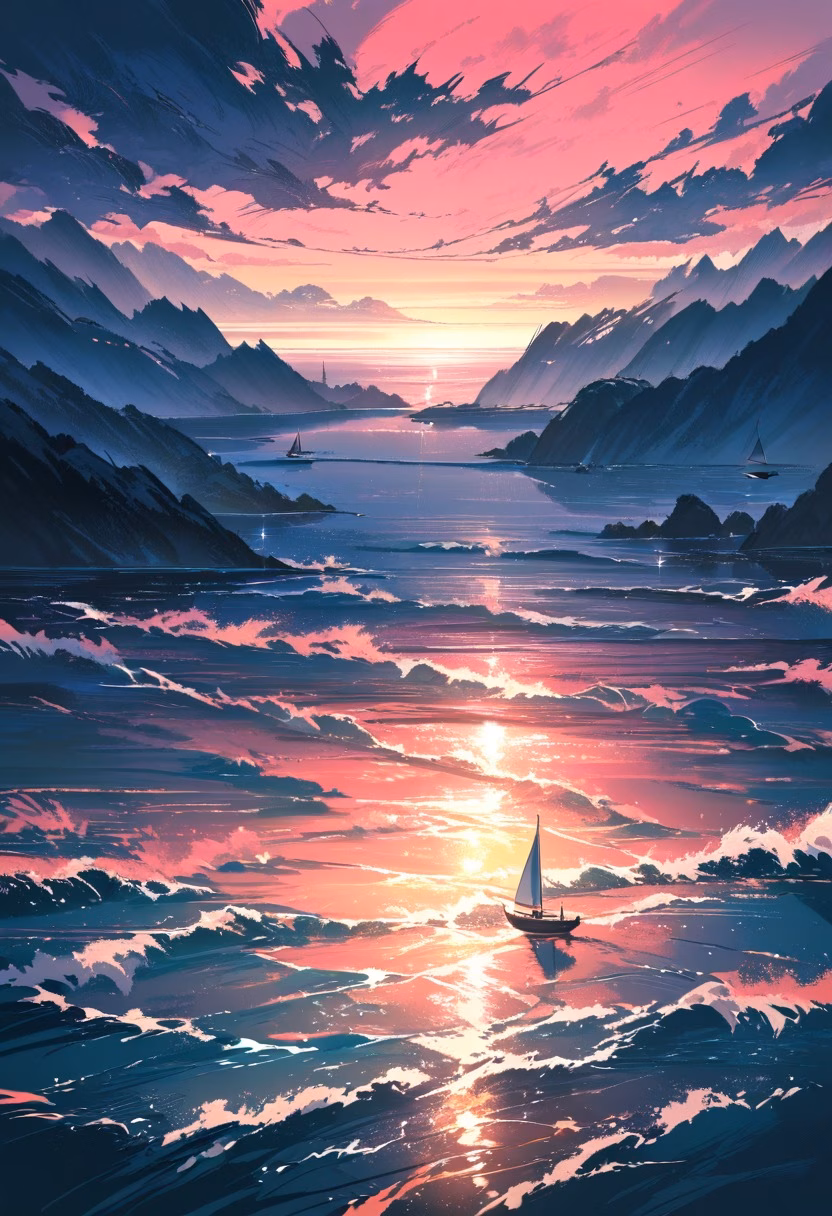 Peaceful Ocean Sunset — view 1 — sunset over calm ocean, orange and pink sky, gentle waves, distant sailboat, peaceful horizon, warm reflections, serene 