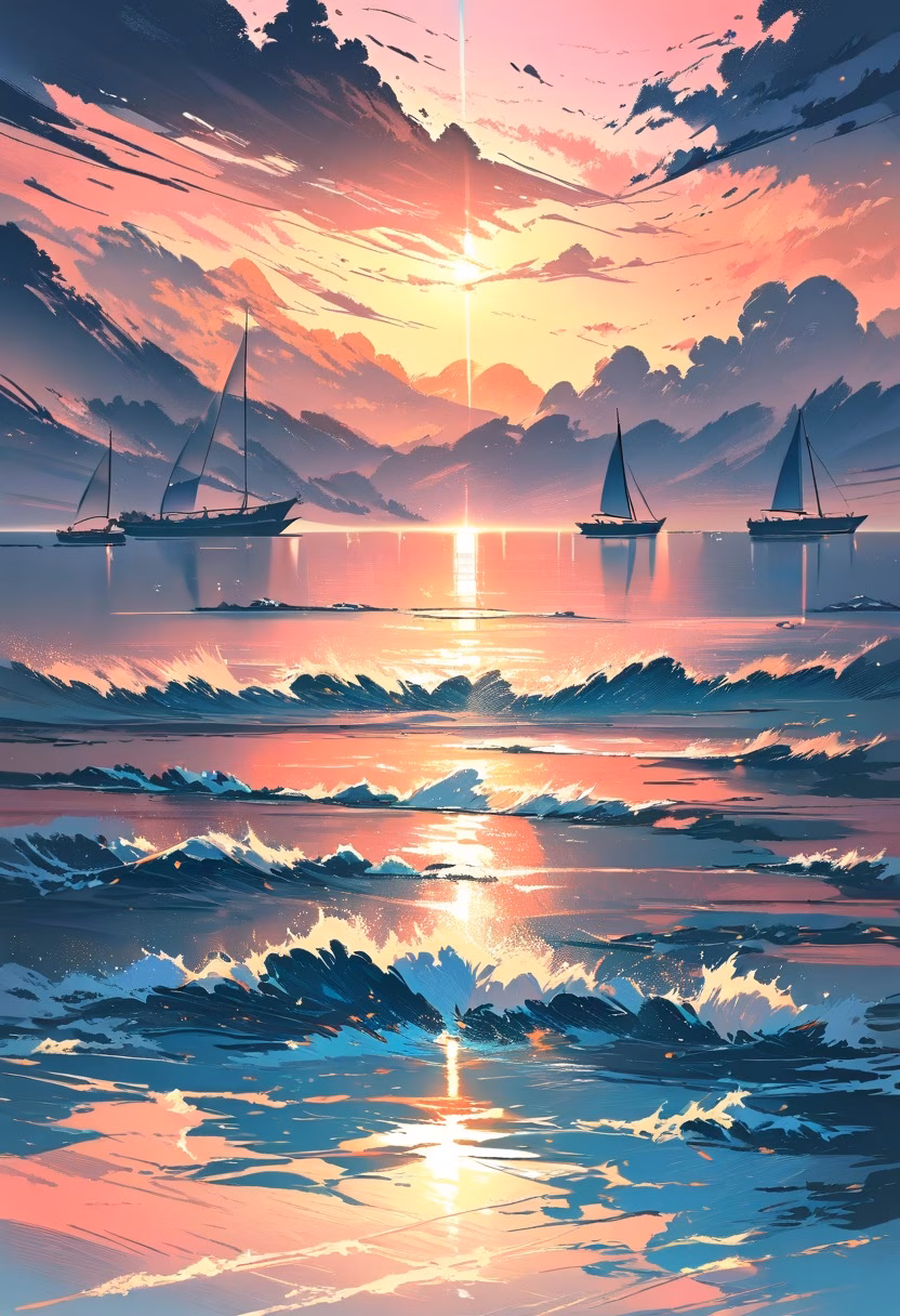 Peaceful Ocean Sunset — view 2 — sunset over calm ocean, orange and pink sky, gentle waves, distant sailboat, peaceful horizon, warm reflections, serene 