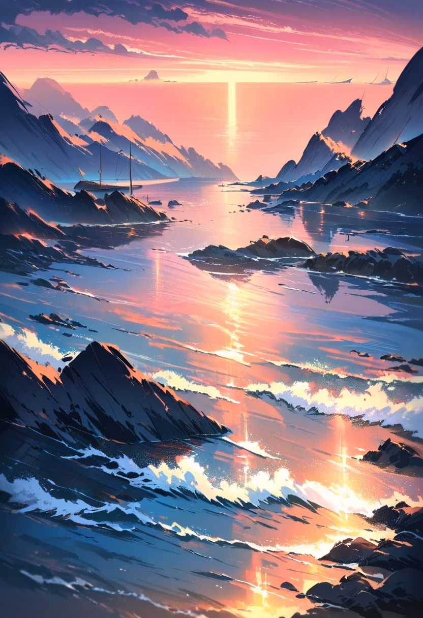 Peaceful Ocean Sunset — view 3 — sunset over calm ocean, orange and pink sky, gentle waves, distant sailboat, peaceful horizon, warm reflections, serene 