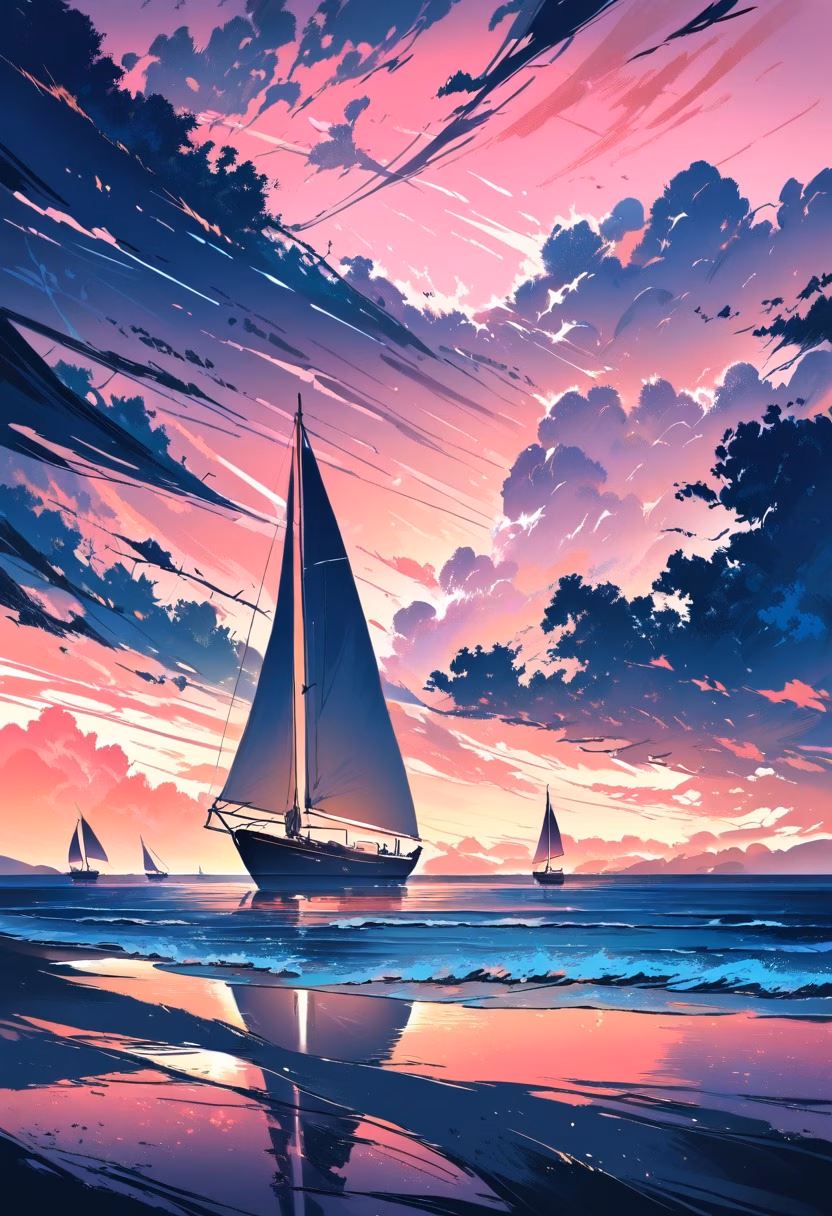 Peaceful Ocean Sunset — view 4 — sunset over calm ocean, orange and pink sky, gentle waves, distant sailboat, peaceful horizon, warm reflections, serene 