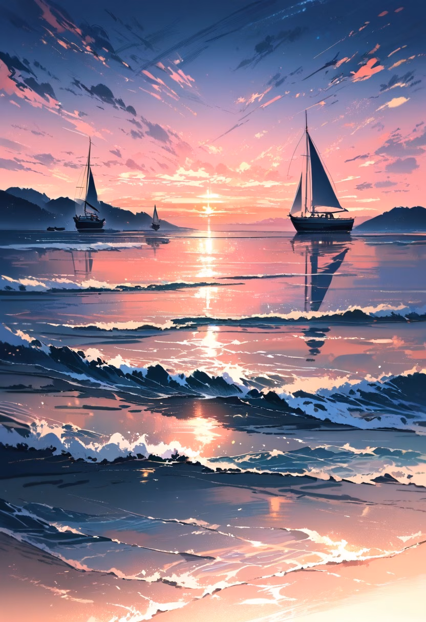 Peaceful Ocean Sunset — view 5 — sunset over calm ocean, orange and pink sky, gentle waves, distant sailboat, peaceful horizon, warm reflections, serene 