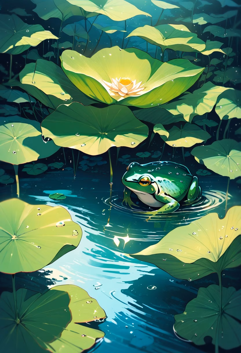 Frog on a Lotus Leaf — view 2 — tiny green frog resting on lotus leaf, pond water, soft morning light, water droplets, lush plants, macro nature scene,