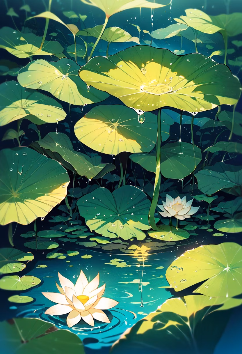 Frog on a Lotus Leaf — view 3 — tiny green frog resting on lotus leaf, pond water, soft morning light, water droplets, lush plants, macro nature scene,