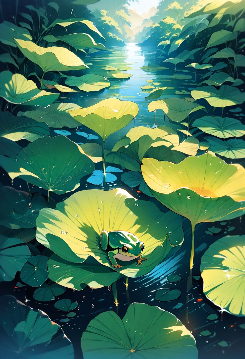 Frog on a Lotus Leaf — view 4 — tiny green frog resting on lotus leaf, pond water, soft morning light, water droplets, lush plants, macro nature scene,