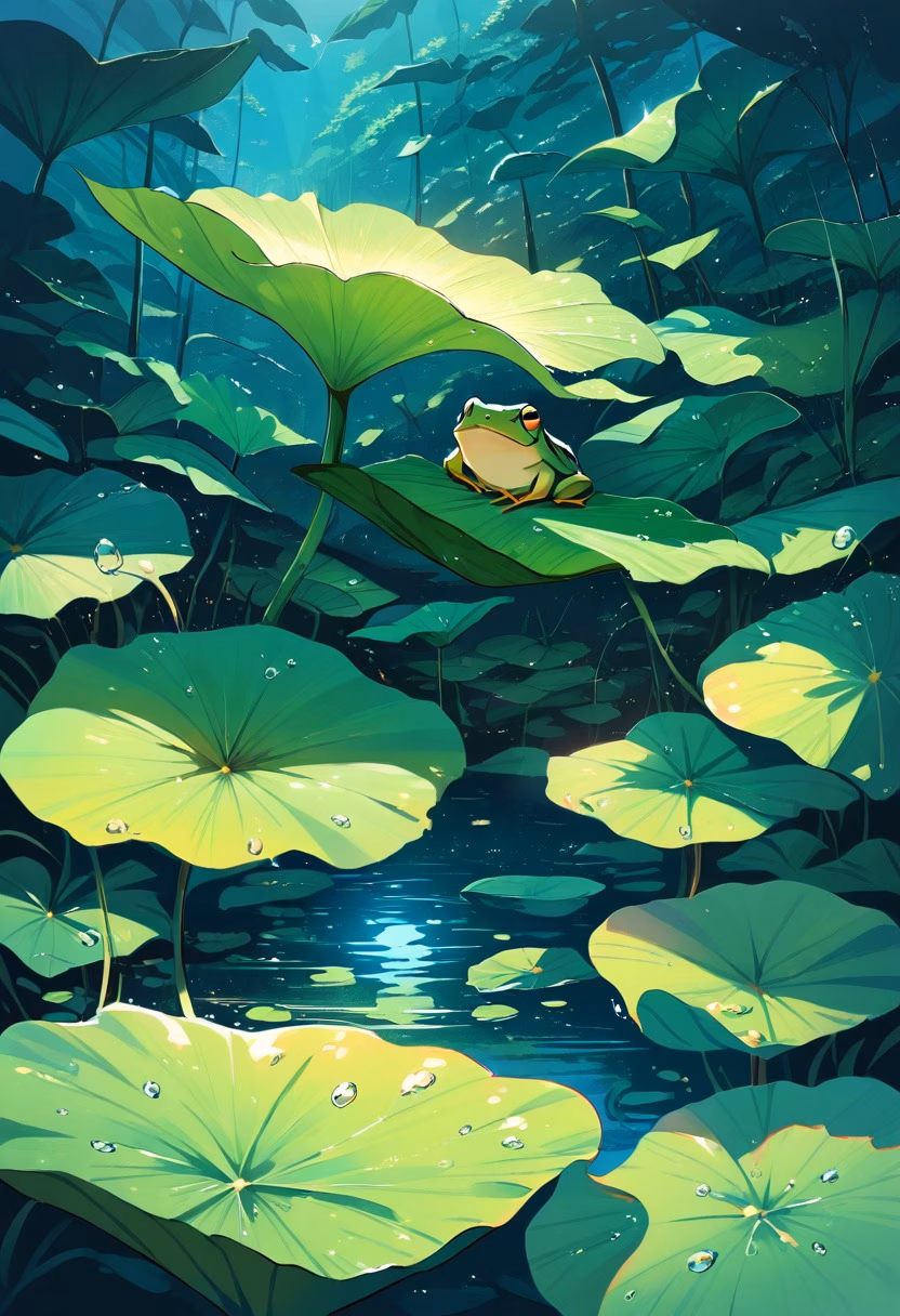 Frog on a Lotus Leaf — view 5 — tiny green frog resting on lotus leaf, pond water, soft morning light, water droplets, lush plants, macro nature scene, 