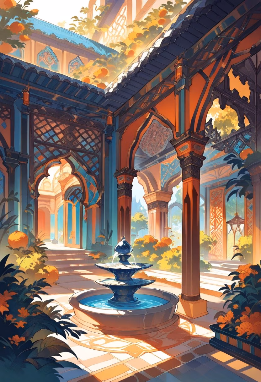 Mosaic Courtyard Garden — view 1 — colorful Moroccan-style courtyard, mosaic tiles, fountain, orange trees, arched doors, warm sunlight, elegant architectu
