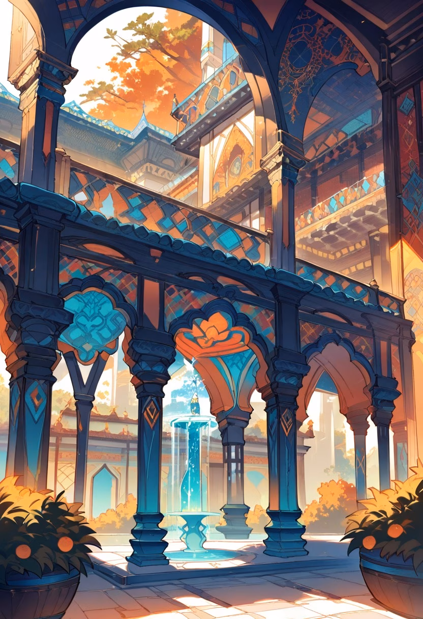 Mosaic Courtyard Garden — view 2 — colorful Moroccan-style courtyard, mosaic tiles, fountain, orange trees, arched doors, warm sunlight, elegant architectu