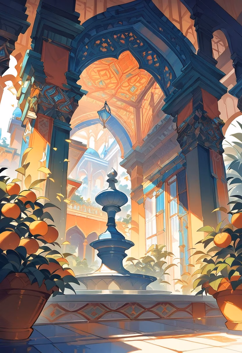 Mosaic Courtyard Garden — view 4 — colorful Moroccan-style courtyard, mosaic tiles, fountain, orange trees, arched doors, warm sunlight, elegant architectu
