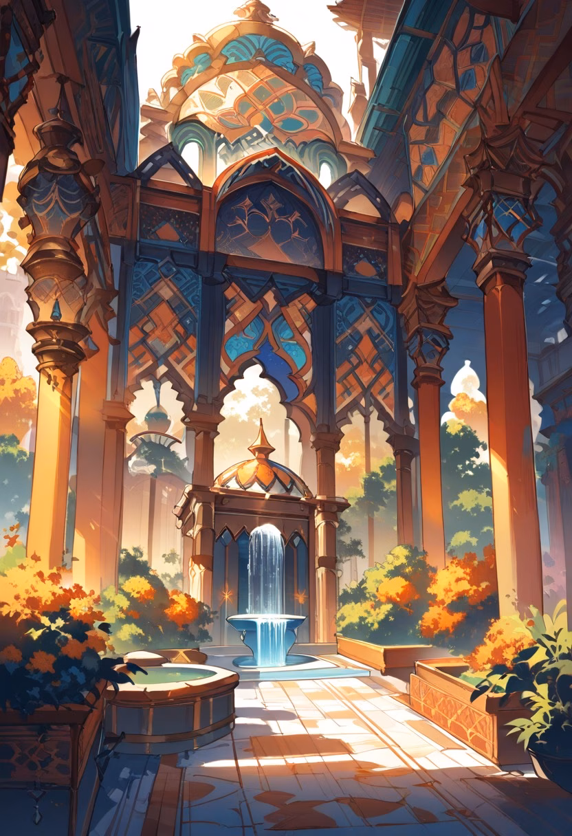 Mosaic Courtyard Garden — view 5 — colorful Moroccan-style courtyard, mosaic tiles, fountain, orange trees, arched doors, warm sunlight, elegant architectu