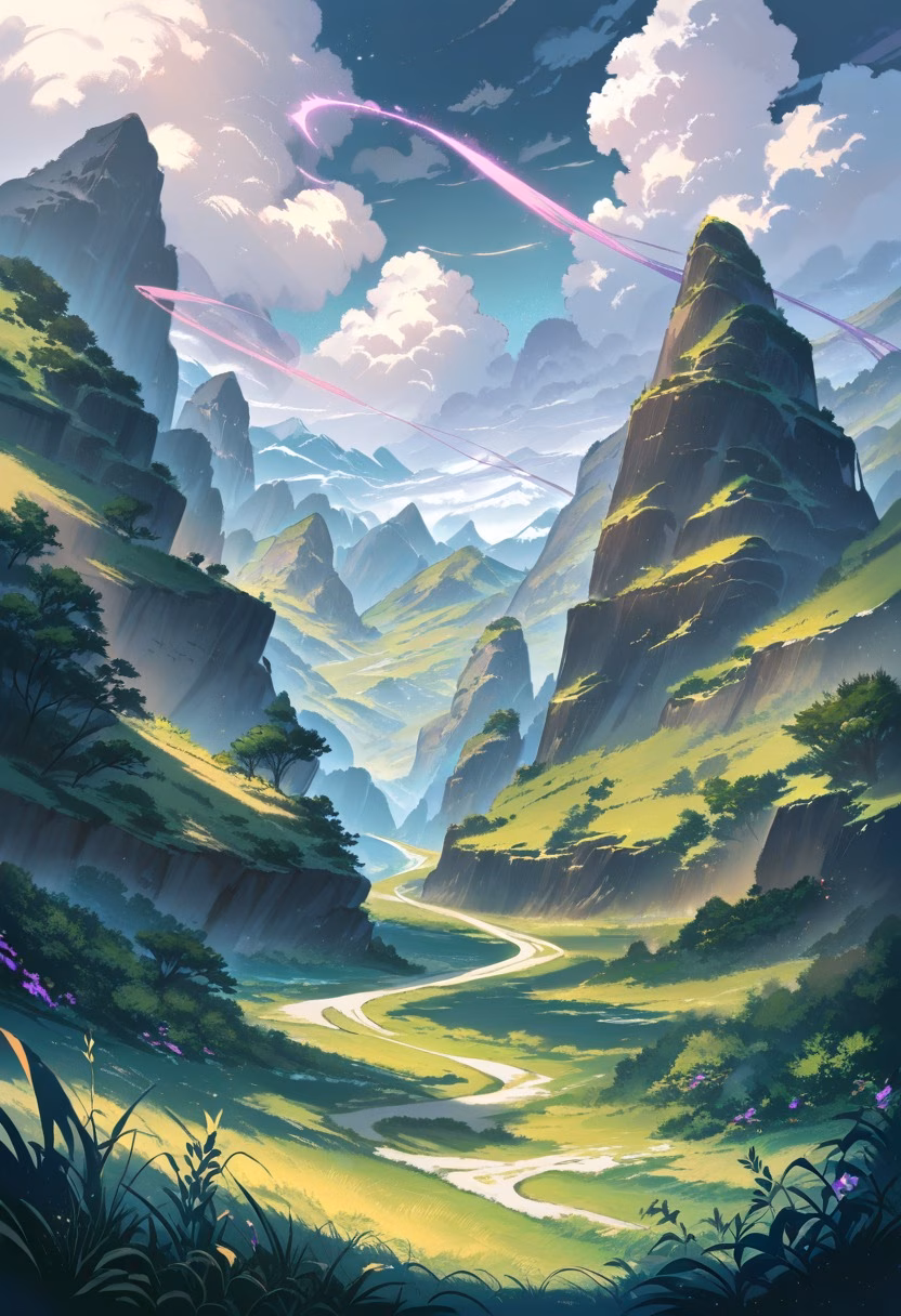 Purple Highland Meadow — view 1 — highland meadow beneath dramatic mountains, purple heather, winding trail, cloudy sky, soft sunlight, remote wilderness,