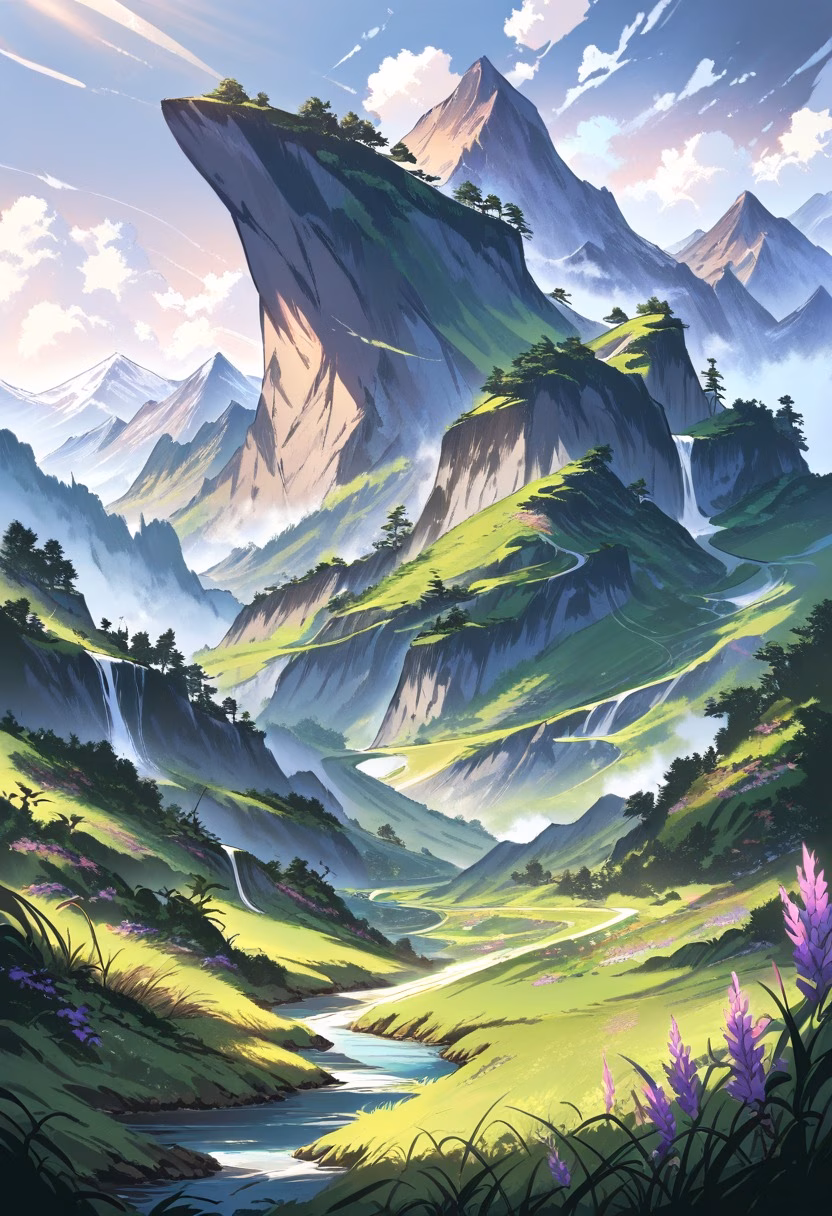 Purple Highland Meadow — view 2 — highland meadow beneath dramatic mountains, purple heather, winding trail, cloudy sky, soft sunlight, remote wilderness,