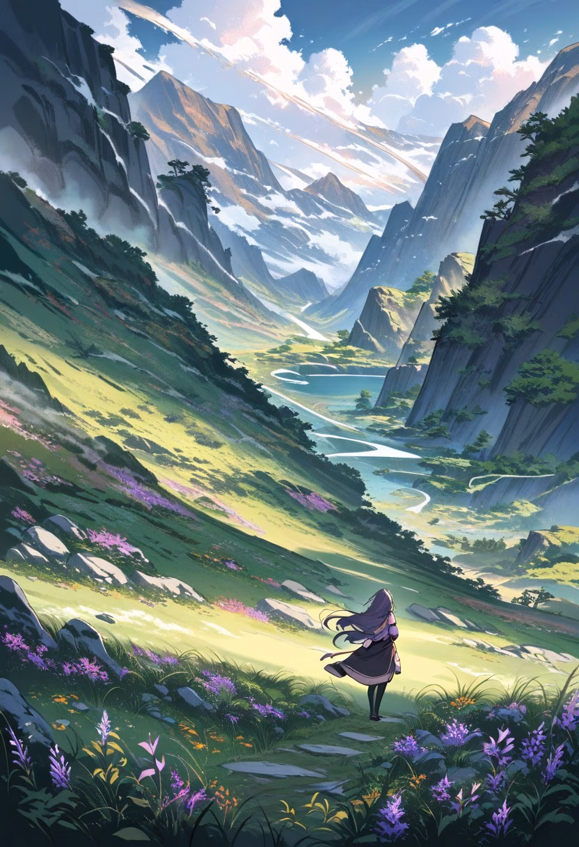 Purple Highland Meadow — view 3 — highland meadow beneath dramatic mountains, purple heather, winding trail, cloudy sky, soft sunlight, remote wilderness,