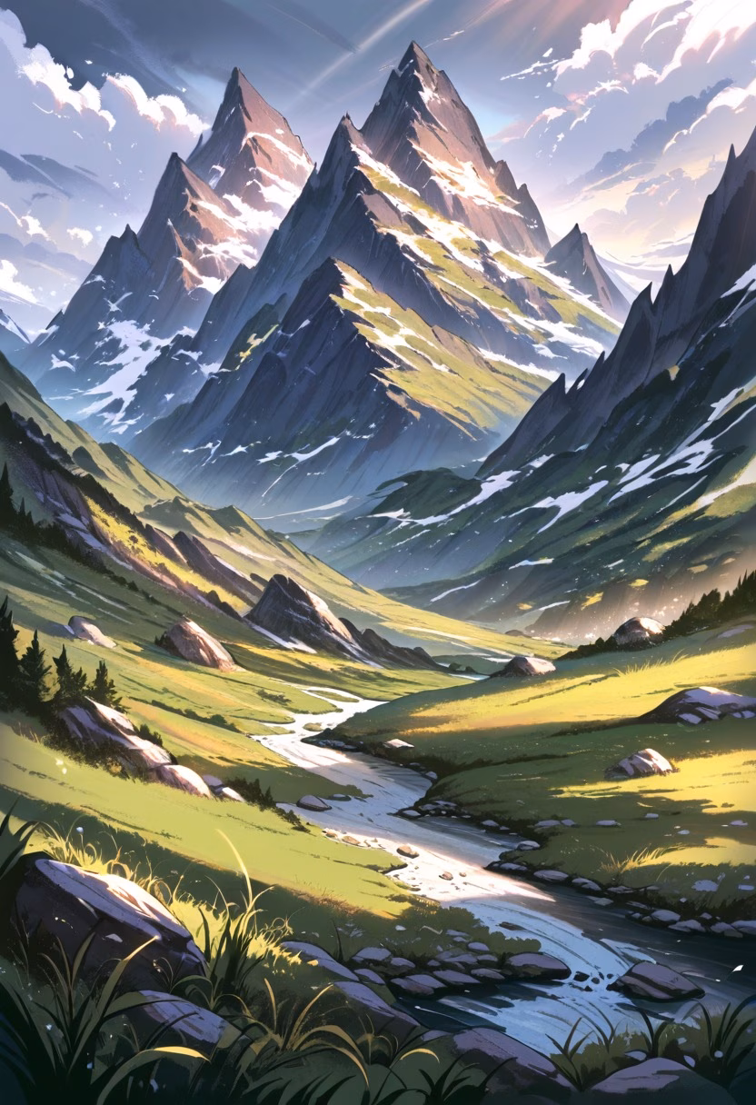 Purple Highland Meadow — view 4 — highland meadow beneath dramatic mountains, purple heather, winding trail, cloudy sky, soft sunlight, remote wilderness,